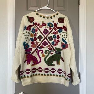 Vintage IVY Pattern Sweater Cats Hand Knit Large